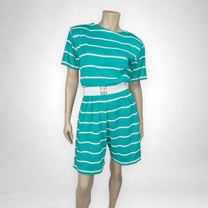 Vintage 80s Striped‎ Turquoise Belted Romper SMALL Summer Spring Casual